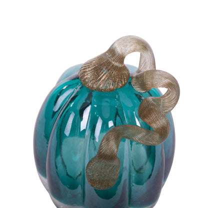 5.51"H Hand Blown Turquoise Crackle Glass Pumpkin Decor