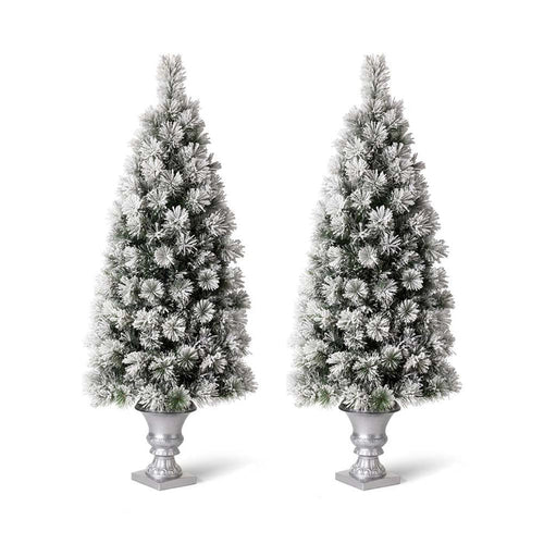 5ft Pre-Lit Snow Flocked Pine Artificial Christmas Porch Tree with 150 Warm White Lights, Set of 2