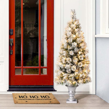 5ft Pre-Lit Snow Flocked Pine Artificial Christmas Porch Tree with 150 Warm White Lights, Set of 2