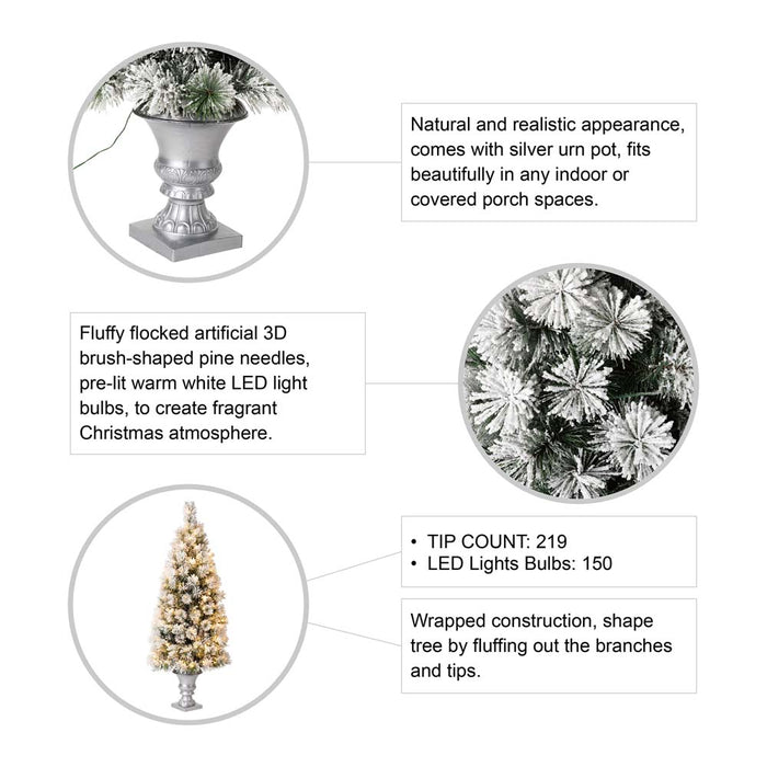 5ft Pre-Lit Snow Flocked Pine Artificial Christmas Porch Tree with 150 Warm White Lights