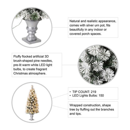 5ft Pre-Lit Snow Flocked Pine Artificial Christmas Porch Tree with 150 Warm White Lights