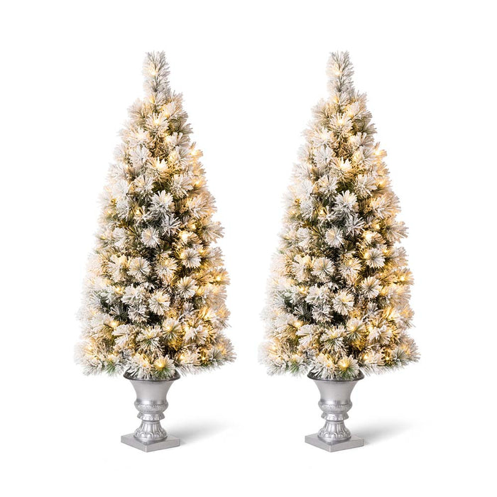 5ft Pre-Lit Snow Flocked Pine Artificial Christmas Porch Tree with 150 Warm White Lights, Set of 2