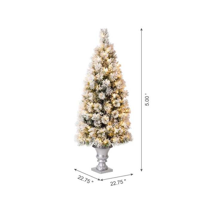 5ft Pre-Lit Snow Flocked Pine Artificial Christmas Porch Tree with 150 Warm White Lights
