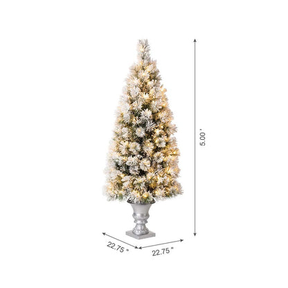 5ft Pre-Lit Snow Flocked Pine Artificial Christmas Porch Tree with 150 Warm White Lights