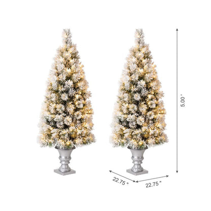 5ft Pre-Lit Snow Flocked Pine Artificial Christmas Porch Tree with 150 Warm White Lights, Set of 2
