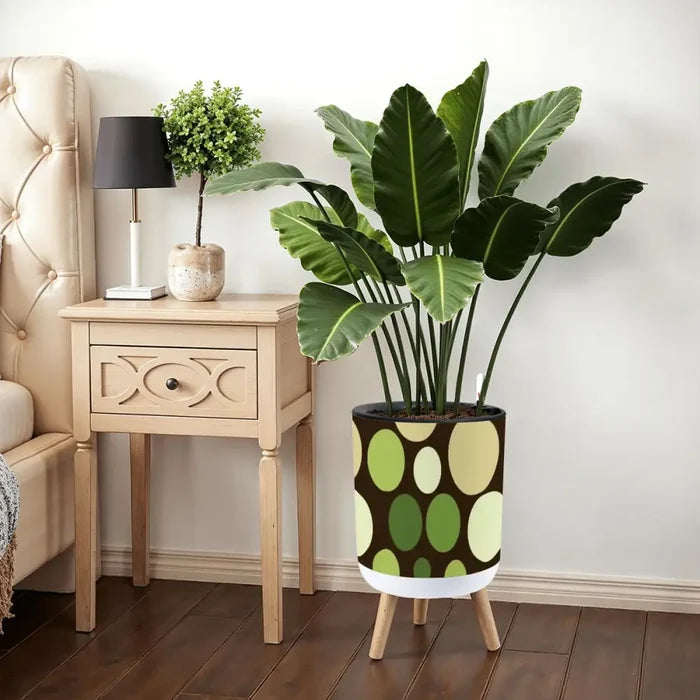 60s Polka Dots Plant Pot with Wooden Legs: Nordic Retro Midcentury - retro plant pot