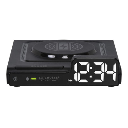 Head-on image of the 617-143 Amp Mini 15W Wireless Charging LED Alarm Clock. The alarm clock features a wireless charging pad, easy access buttons, an alarm with snooze, white time digits, and LED status light.