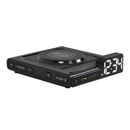 Right-facing image of the 617-143 Amp Mini 15W Wireless Charging LED Alarm Clock. The alarm clock features a wireless charging pad, easy access buttons, an alarm with snooze, white time digits, and a LED status light.