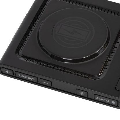 Close-up detail image of the 617-143 Amp Mini 15W Wireless Charging LED Alarm Clock showing the wireless charging pad and easy access buttons.