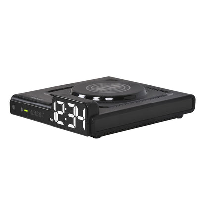 Left-facing image of the 617-143 Amp Mini 15W Wireless Charging LED Alarm Clock. The alarm clock features a wireless charging pad, easy access buttons, an alarm with snooze, white time digits, and LED status light.