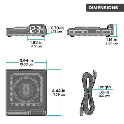 Orthographic dimensions of the 617-143 Amp Mini, listing the dimensions in inches and centimeters, with the USB-C power cord length. With a product length of 3.94-inches/10.00 cm, width of 4.44-inches/11.29 cm, height of 1.14-inches/2.90 cm and power cord length of 39-inches/100 cm.