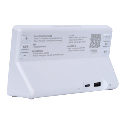 Back image of the 617-149 Digital Alarm with Color Changing Glow Light, showing the button functions, instruction text, the power source, and the charging port.