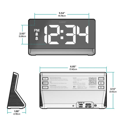 Orthographic drawing of the dimensions of the 617-149 Digital Alarm Clock with Color Changing Glow Light showing the measurements in inches and centimeters. The alarm clock is 6.85 in long, 1.88 in deep, and 3.72 in tall with 2.0 in digits.