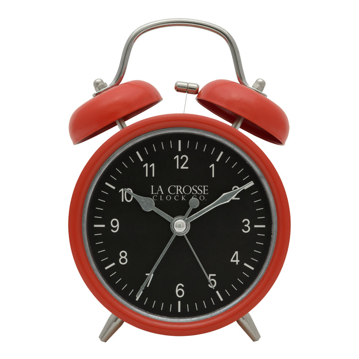 Head-on image of the 617-3314 Metal Twin Bell Alarm Clock – Red, the clock features a black dial with white numbers, silver hands and accents, in a red metal case
