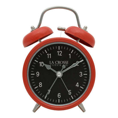 Head-on image of the 617-3314 Metal Twin Bell Alarm Clock – Red, the clock features a black dial with white numbers, silver hands and accents, in a red metal case