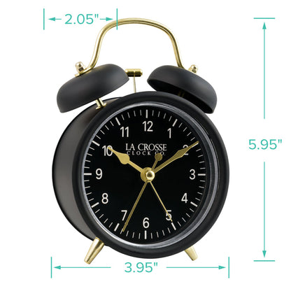 Dimension image of the 617-3314BG Metal Twin Bell Alarm Clock – Black, the clock features a black dial with white numbers, gold hands and accents, in a black metal case. The dimensions read 3.95 in wide and 5.95 in tall with a depth of 2.05 in.