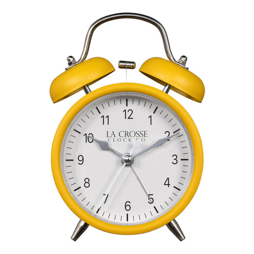 Head-on image of the 617-3314MY Metal Twin Bell Alarm Clock – Mustard Yellow, the clock features a white dial with black numbers, silver hands and accents, in a mustard yellow metal case.