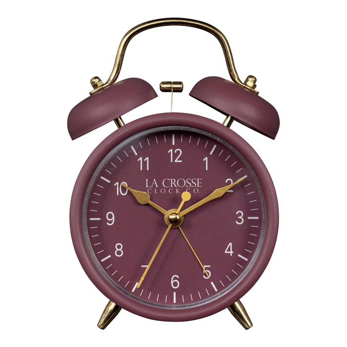 Head-on image of the 617-3314RR Metal Twin Bell Alarm Clock – Ruby Red, the clock features a ruby red dial with white numbers, gold hands and accents, in a ruby red metal case.