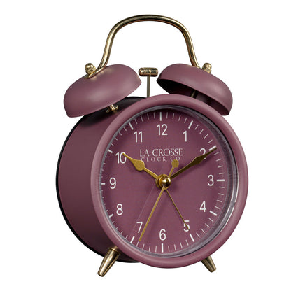 Right-facing image of the 617-3314RR Metal Twin Bell Alarm Clock – Ruby Red, the clock features a ruby red dial with white numbers, gold hands and accents, in a ruby red metal case.