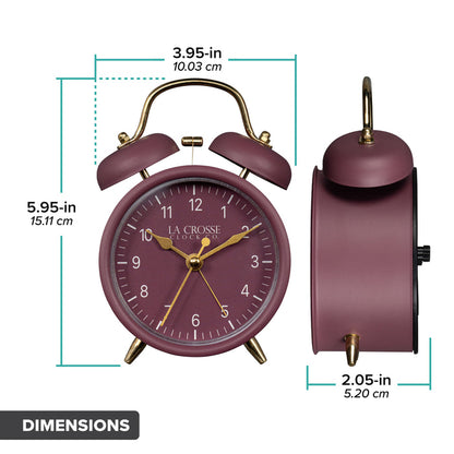 Dimension image of the 617-3314RR Metal Twin Bell Alarm Clock – Ruby Red, the clock features a ruby red dial with white numbers, gold hands and accents, in a ruby red metal case. The dimensions read 3.95 in wide and 5.95 in tall with a depth of 2.05 in.