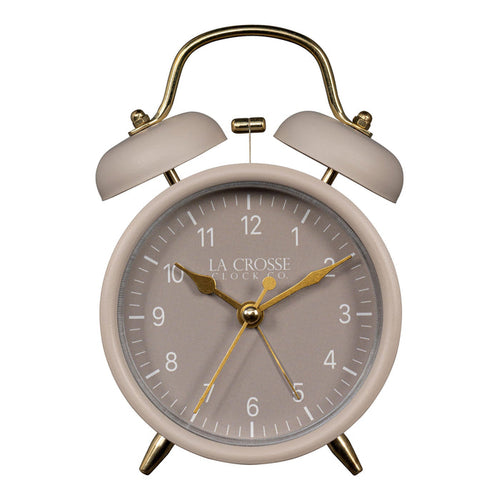 Head-on image of the 617-3314TP Metal Twin Bell Alarm Clock – Taupe, the clock features a taupe dial with white numbers, gold hands and accents, in a taupe metal case.