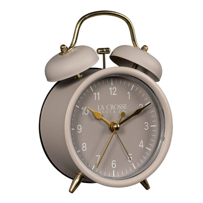 Right-facing image of the 617-3314TP Metal Twin Bell Alarm Clock – Taupe, the clock features a taupe dial with white numbers, gold hands and accents, in a taupe metal case.