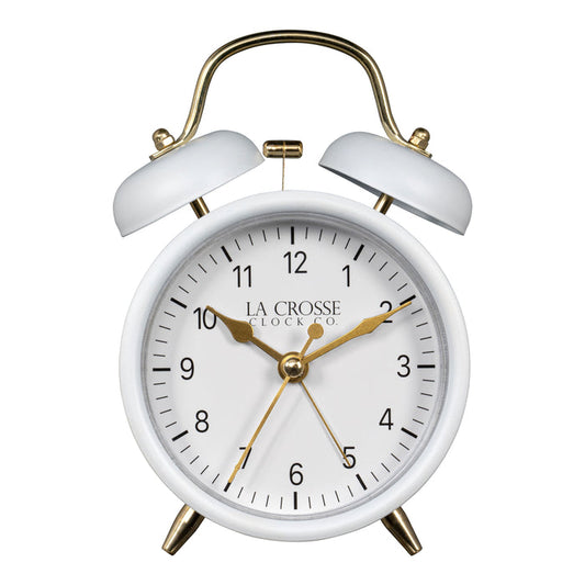 Head-on image of the 617-3314W Metal Twin Bell Alarm Clock – White, the clock features a white dial with black numbers, gold hands and accents, in a white metal case.