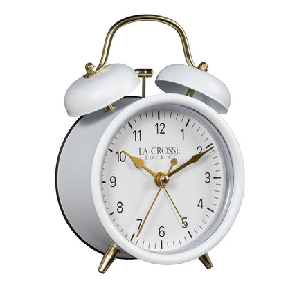 Right-facing image of the 617-3314W Metal Twin Bell Alarm Clock – White, the clock features a white dial with black numbers, gold hands and accents, in a white metal case.