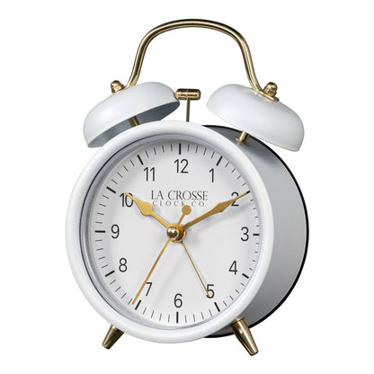 Left-facing image of the 617-3314W Metal Twin Bell Alarm Clock – White, the clock features a white dial with black numbers, gold hands and accents, in a white metal case.