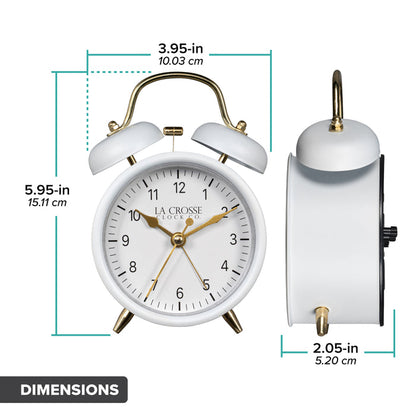 Dimension image of the 617-3314W Metal Twin Bell Alarm Clock – White, the clock features a white dial with black numbers, gold hands and accents, in a white metal case. The dimensions read 3.95 in wide and 5.95 in tall with a depth of 2.05 in.