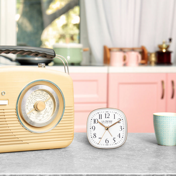 617-379W Square Analog Alarm Clock with Silent Sweep – White