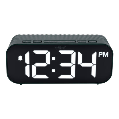 Top view image of the five buttons of the 617-714G Insta-Set Digital LED Alarm Clock with Bluetooth® Technology - Green. The alarm clock features large white digits, a PM indicator, and an alarm icon in a green case.