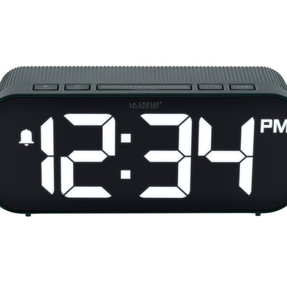 Close-up image of the buttons of the 617-714G Insta-Set Digital LED Alarm Clock with Bluetooth® Technology - Green. The alarm clock features large white digits, a PM indicator, and an alarm icon in a green case.