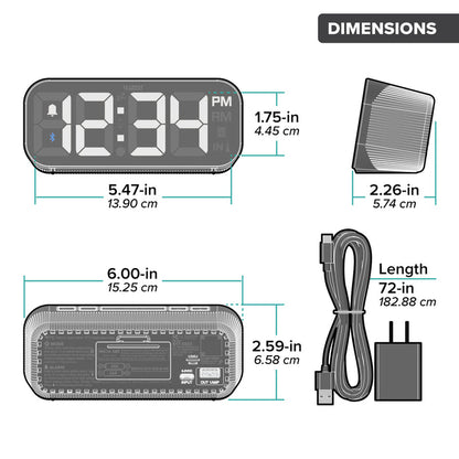 Orthographic image of the 617-714 Digital LED Alarm Clock with Bluetooth® Technology series. The image shows the alarm clock dimensions in inches and centimeters. The clock measures 6.00 inches in length, 2.59 inches in height,  and the included power cord is 72 inches long.