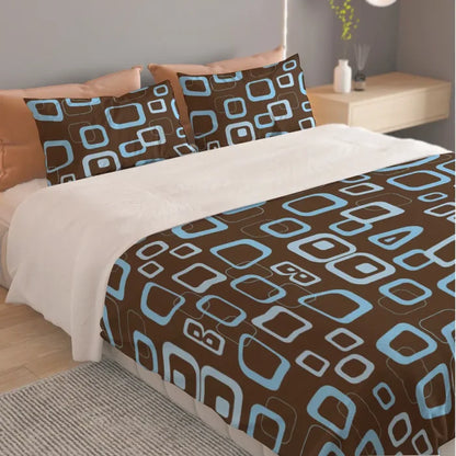 70s Brown Blue Retro Bedding – Midcentury Quilt Cover Set in 4 Sizes - retro bedding