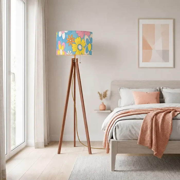 70s Flower Power Retro Wooden Tripod Floor Lamp LED Remote Control - retro floor lamps