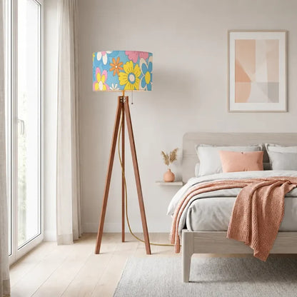 70s Flower Power Retro Wooden Tripod Floor Lamp LED Remote Control - retro floor lamps