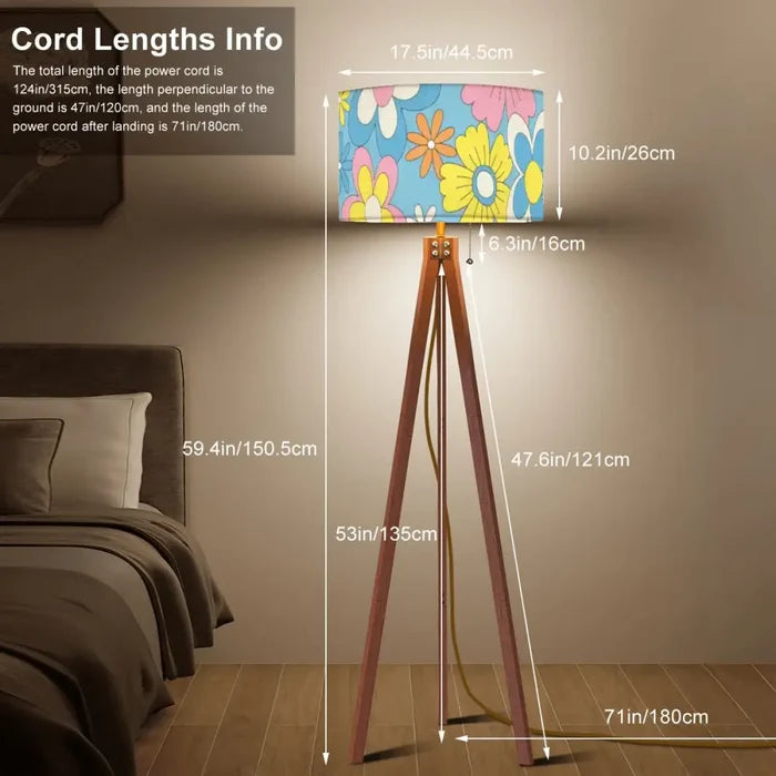 70s Flower Power Retro Wooden Tripod Floor Lamp LED Remote Control - retro floor lamps