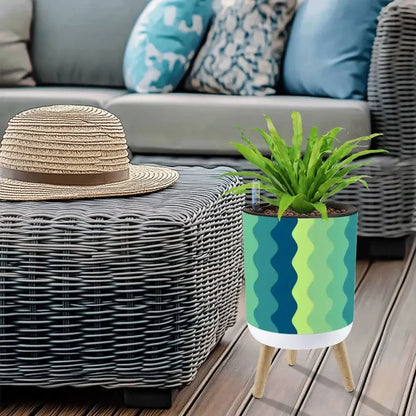 70s Midcentury Scandi Style Plant Pot with Wooden Legs Wavy Blue Green - retro plant pot