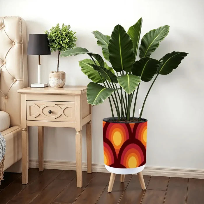 70s Retro Nordic Style Plant Pot with Wooden Legs: Yellow Orange Red - retro ads