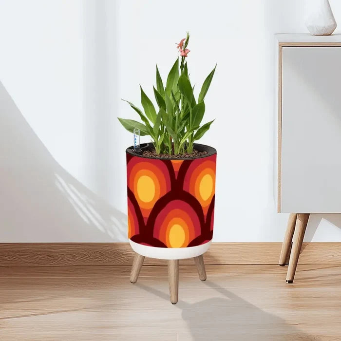 70s Retro Nordic Style Plant Pot with Wooden Legs: Yellow Orange Red - retro ads