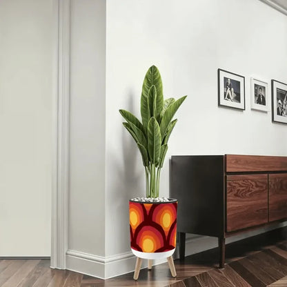70s Retro Nordic Style Plant Pot with Wooden Legs: Yellow Orange Red - retro ads