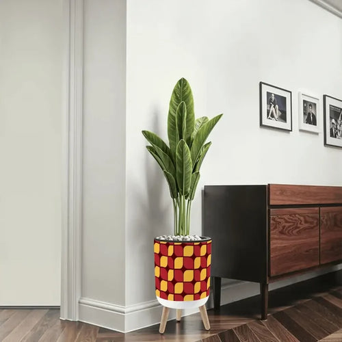70s Scandi Style Plant Pot Wooden Legs Geometric Pattern - Home Accessories