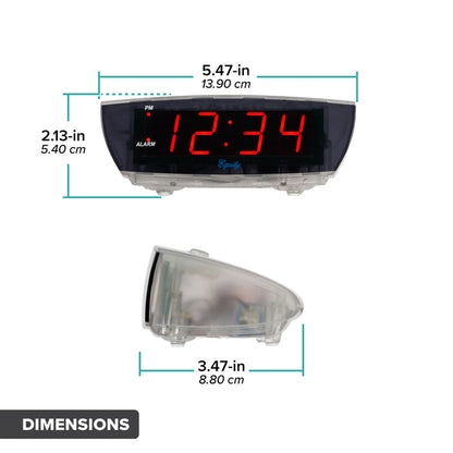 Dimension image of the 75908 0.9-inch Red LED Clear Case Alarm Clock. The digital alarm clock features red digits with a black lens, PM and ALARM indicators, and is in a clear case. The dimesnisons appear in inches and centimeters. The clock is 5.47 in by 3.47 in by 2.13 tall.