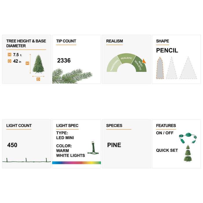 7.5ft Pre-Lit Green Pencil Pine Artificial Christmas Tree with 450 Warm White Lights