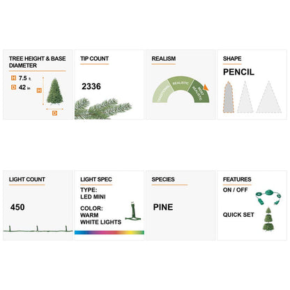 7.5ft Pre-Lit Green Pencil Pine Artificial Christmas Tree with 450 Warm White Lights
