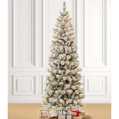 7.5ft Pre-Lit Snow Flocked Pencil Pine Artificial Christmas Tree with 300 Warm White/Multi-Color Lights