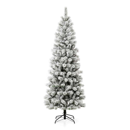 7.5ft Pre-Lit Snow Flocked Pencil Pine Artificial Christmas Tree with 300 Warm White/Multi-Color Lights