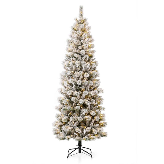 7.5ft Pre-Lit Snow Flocked Pencil Pine Artificial Christmas Tree with 300 Warm White/Multi-Color Lights