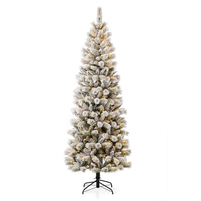 7.5ft Pre-Lit Snow Flocked Pencil Pine Artificial Christmas Tree with 300 Warm White/Multi-Color Lights